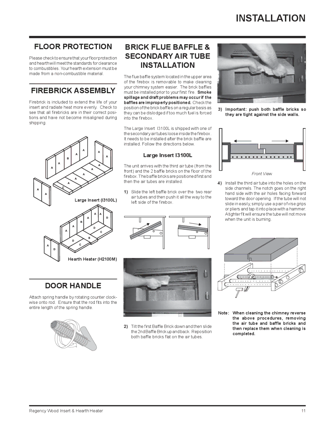 Regency I3100L Floor Protection, Firebrick Assembly, Brick Flue Baffle & Secondary AIR Tube Installation, Door Handle 