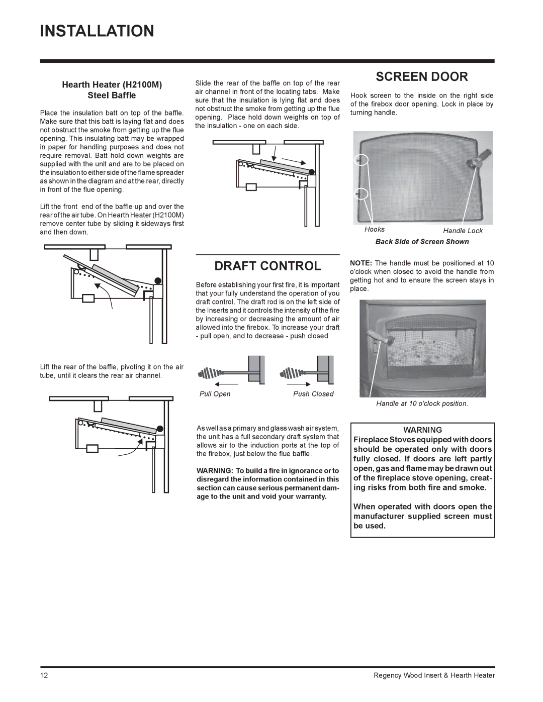 Regency I3100L installation manual Screen Door, Draft Control, Hearth Heater H2100M Steel Bafﬂe 