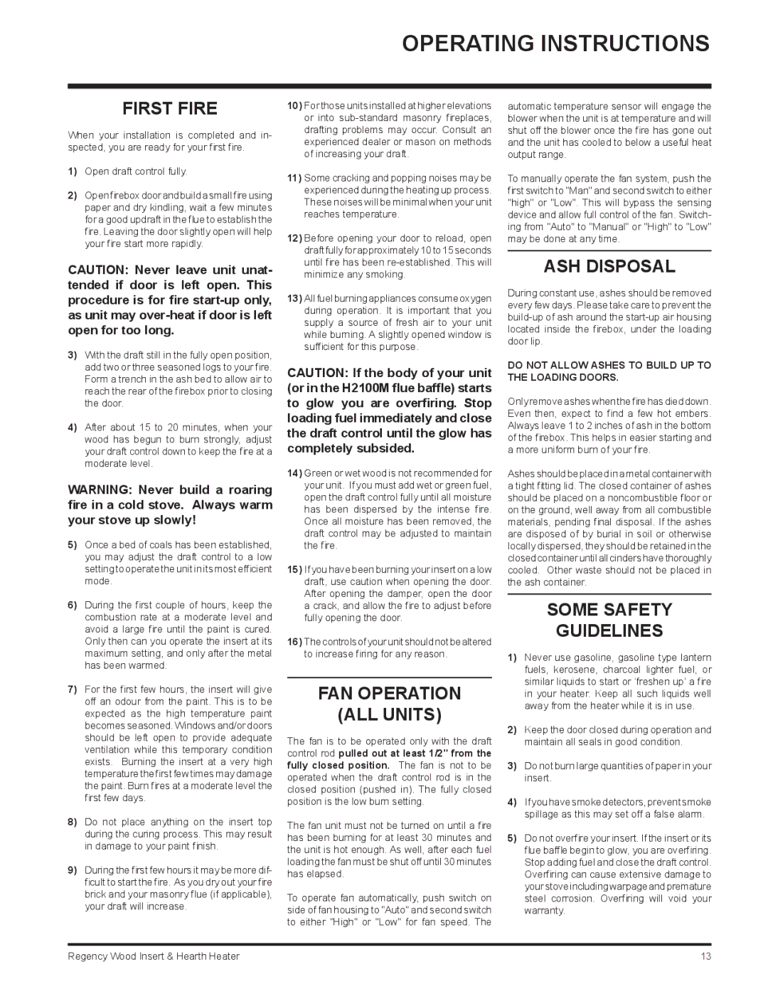 Regency I3100L, H2100 Operating Instructions, First Fire, FAN Operation ALL Units, ASH Disposal, Some Safety Guidelines 