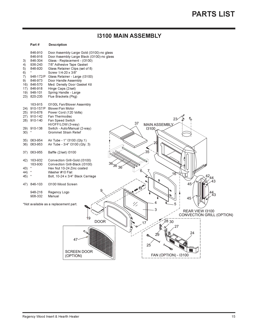 Regency I3100L, H2100 installation manual Parts List, I3100 Main Assembly 