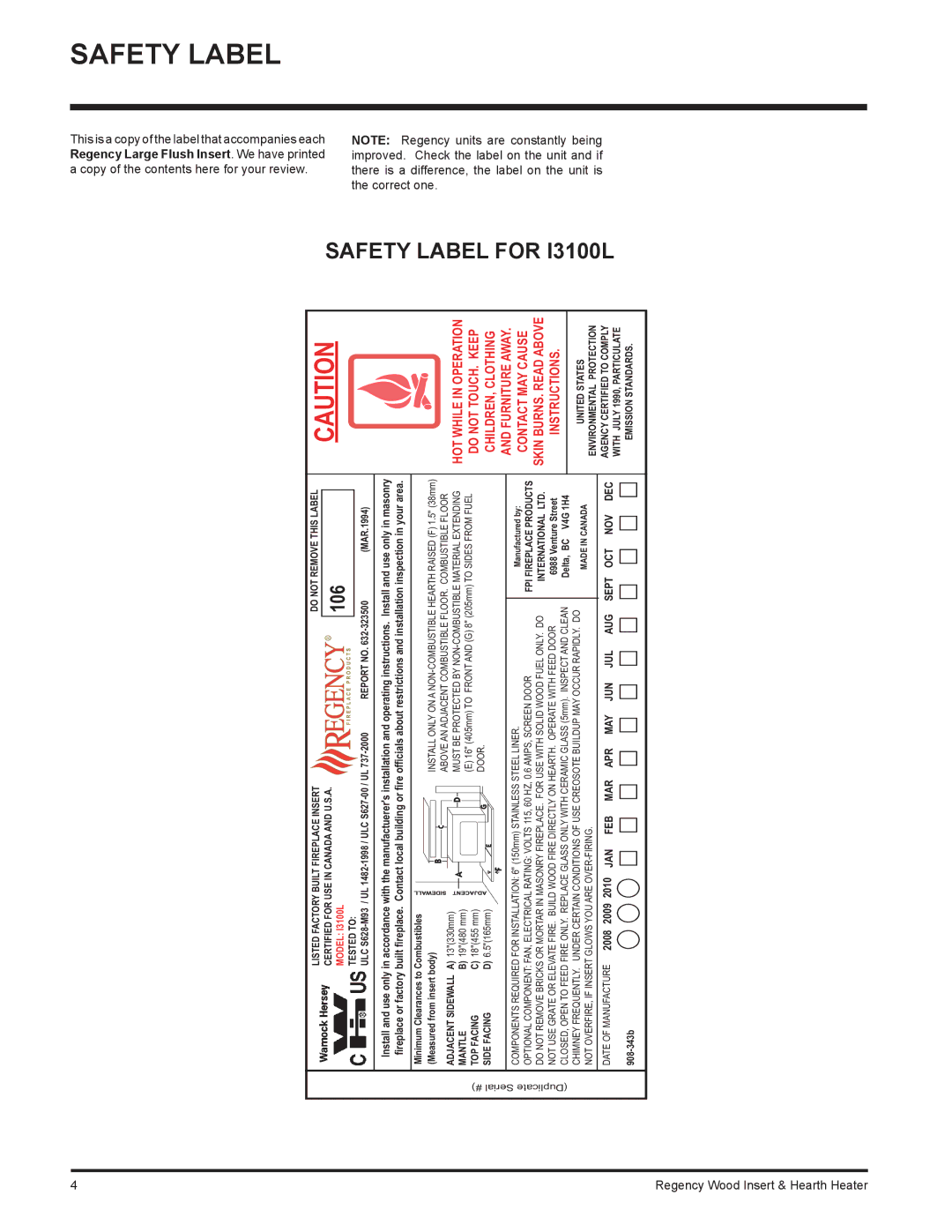 Regency H2100 installation manual Safety Label, For I3100L 