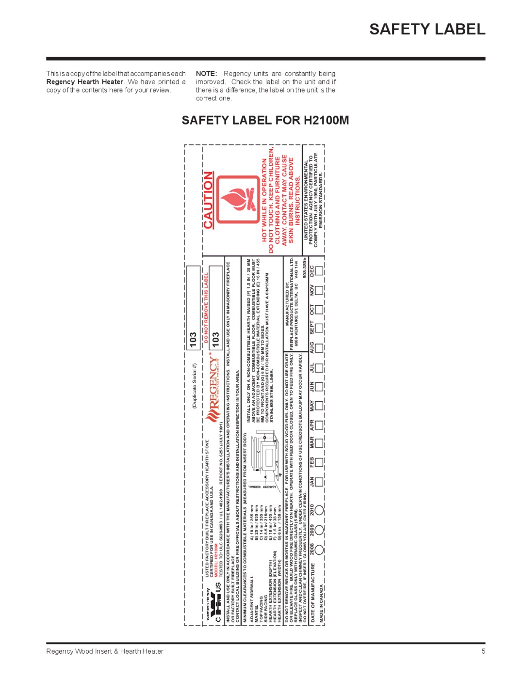 Regency I3100L, H2100 installation manual 103 