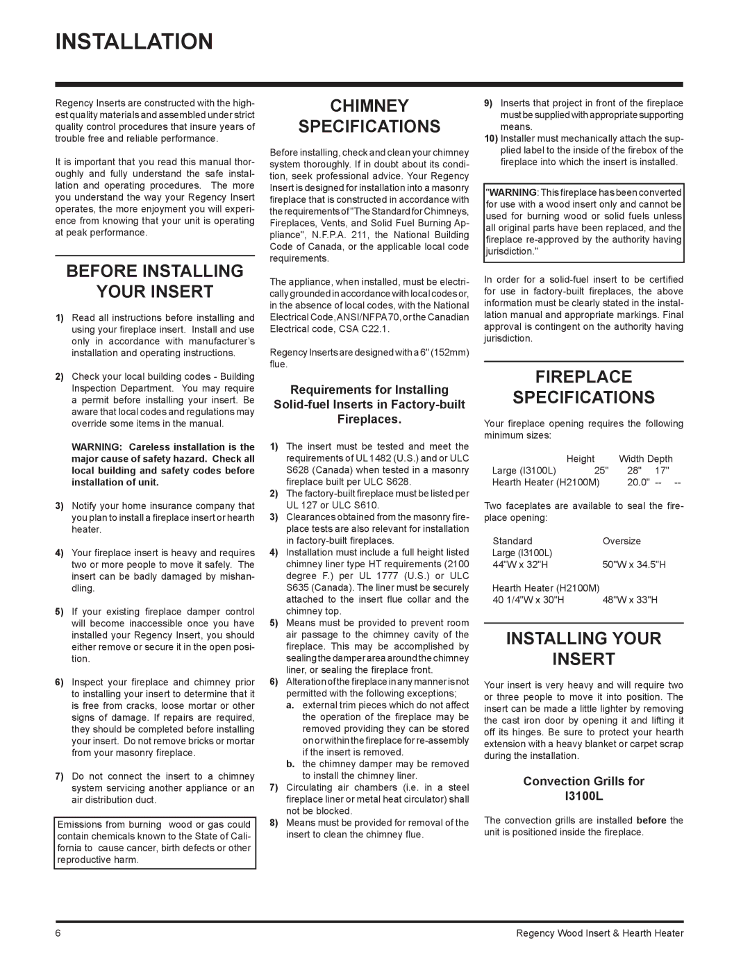 Regency H2100, I3100L Installation, Before Installing Your Insert, Chimney Specifications, Fireplace Specifications 