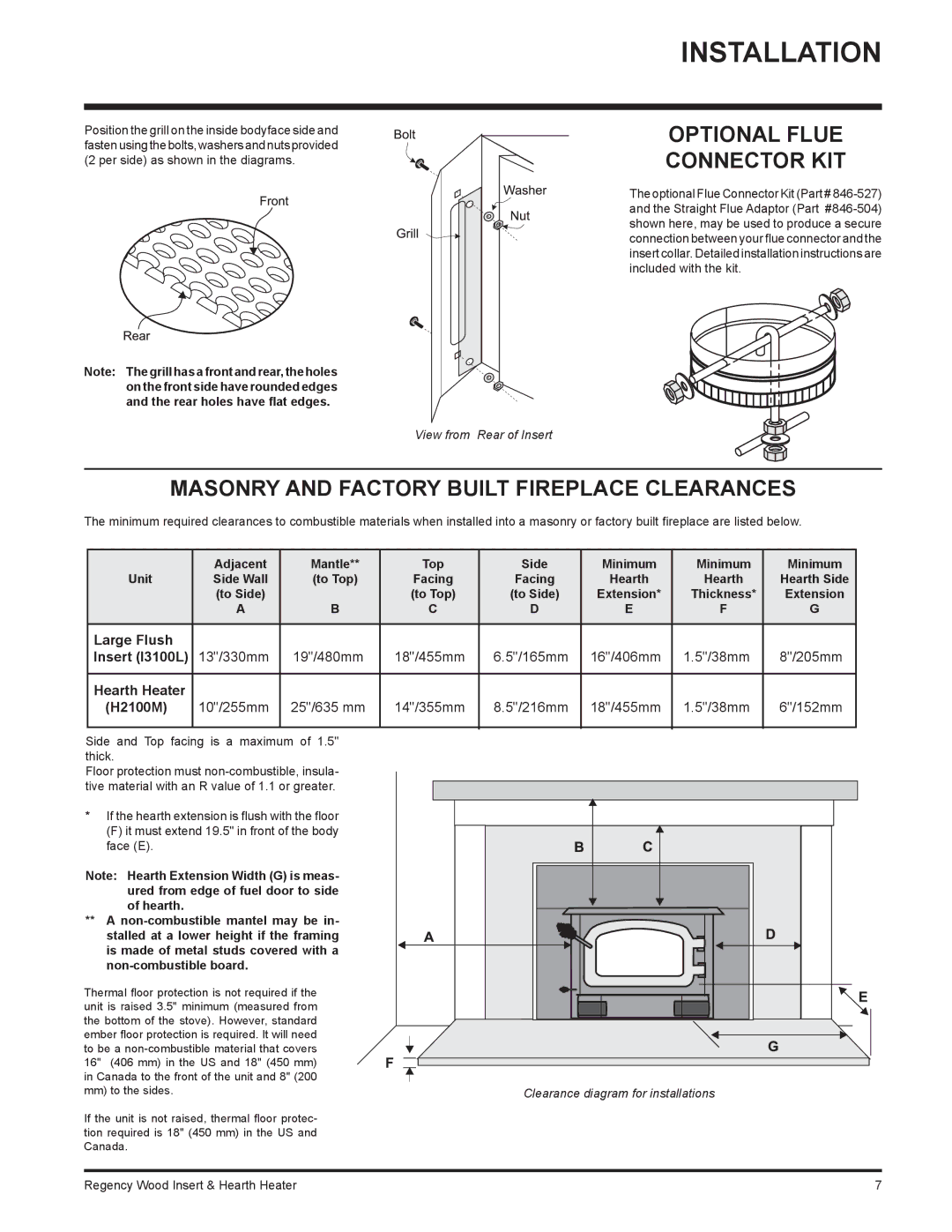 Regency I3100L, H2100 Optional Flue Connector KIT, Masonry and Factory Built Fireplace Clearances, Facing 