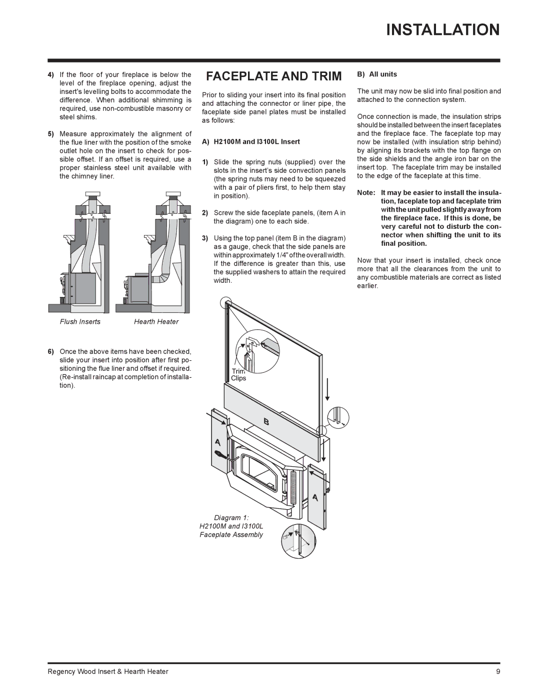 Regency installation manual Faceplate and Trim, H2100M and I3100L Insert, All units 