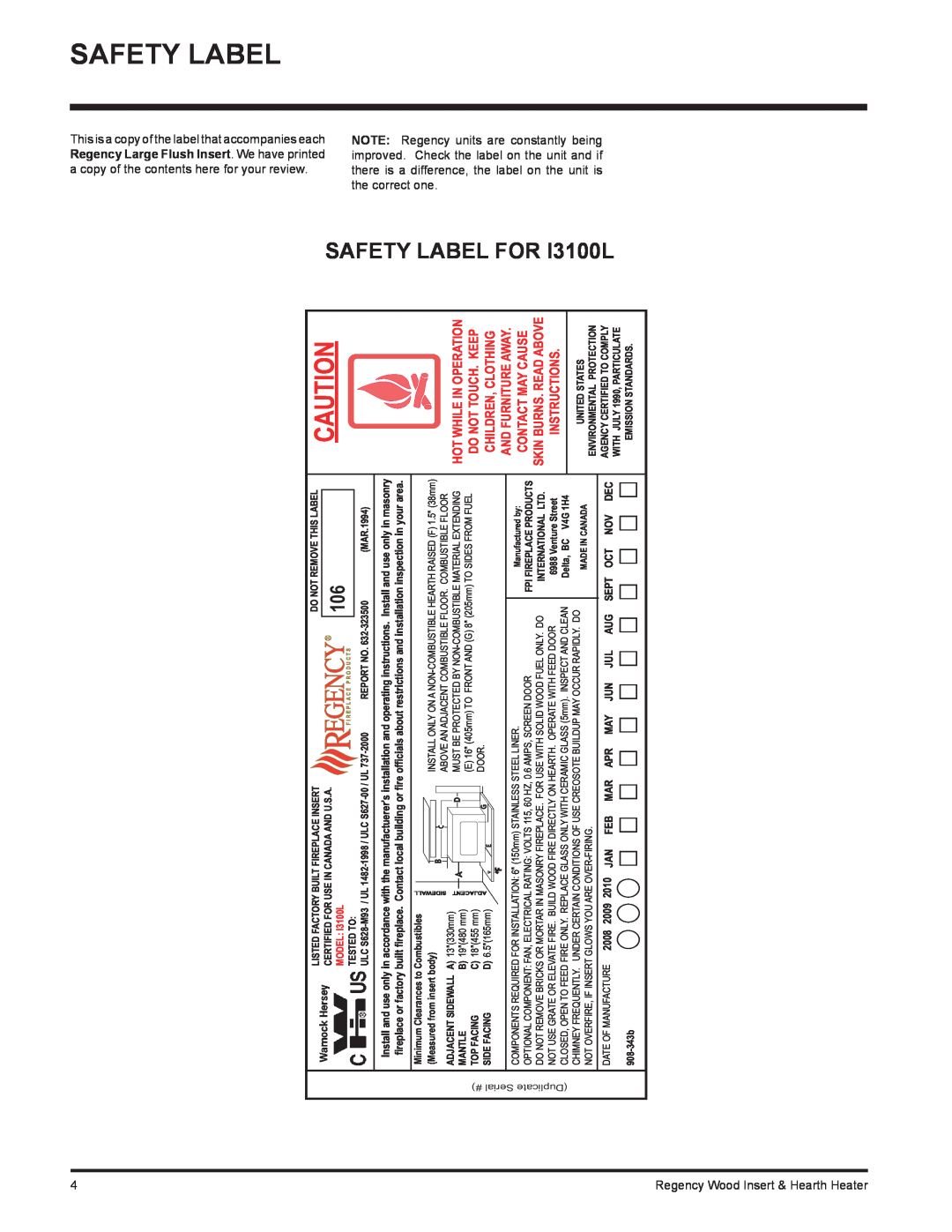 Regency H2100 Safety Label, Hot While In Operation, Contact May Cause Skin Burns. Read Above, Instructions, Serial # 
