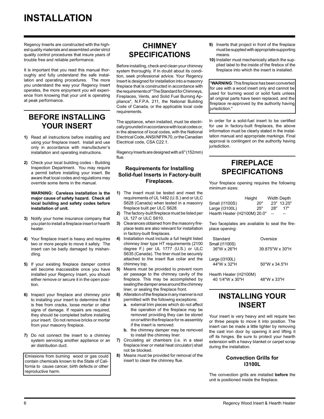 Regency I1100S Installation, Before Installing Your Insert, Chimney Specifications, Fireplace Specifications 