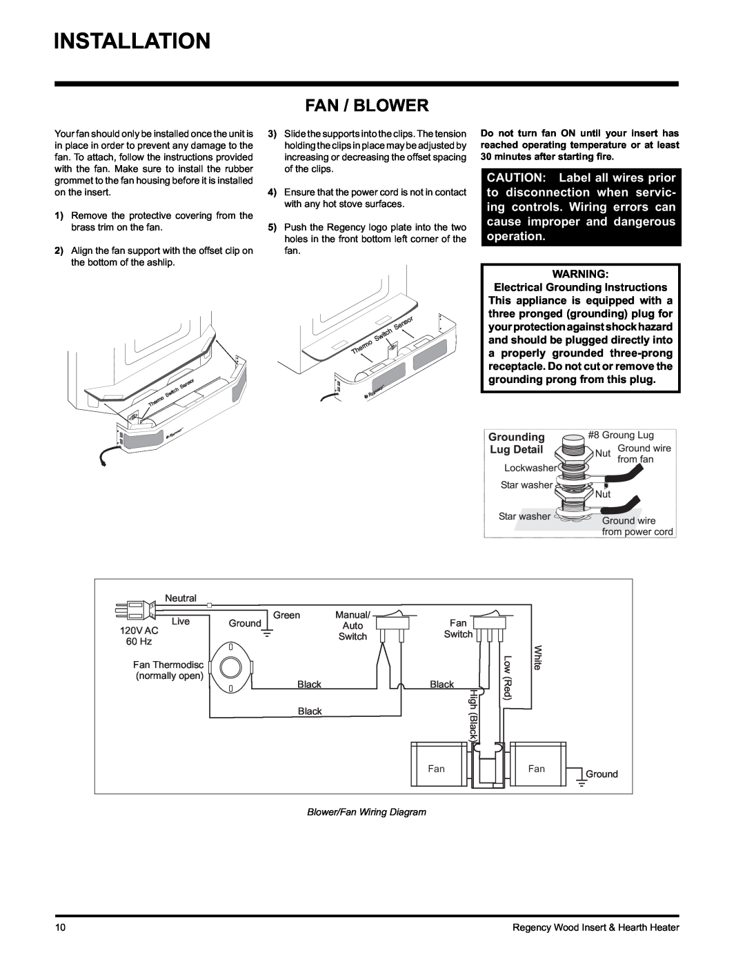 Regency I1100S installation manual Installation, Fan / Blower 