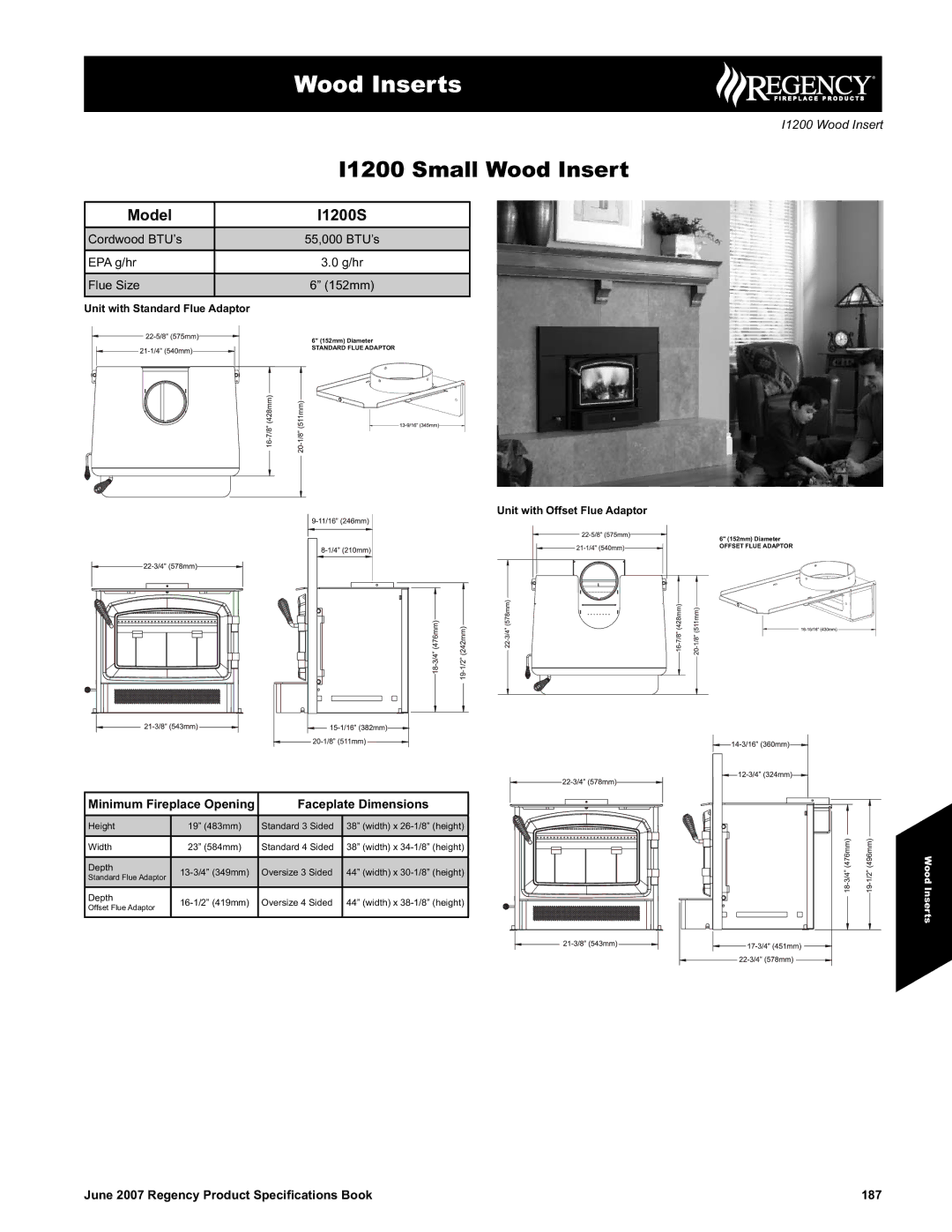 Regency specifications Wood Inserts, I1200 Small Wood Insert, Model I1200S 