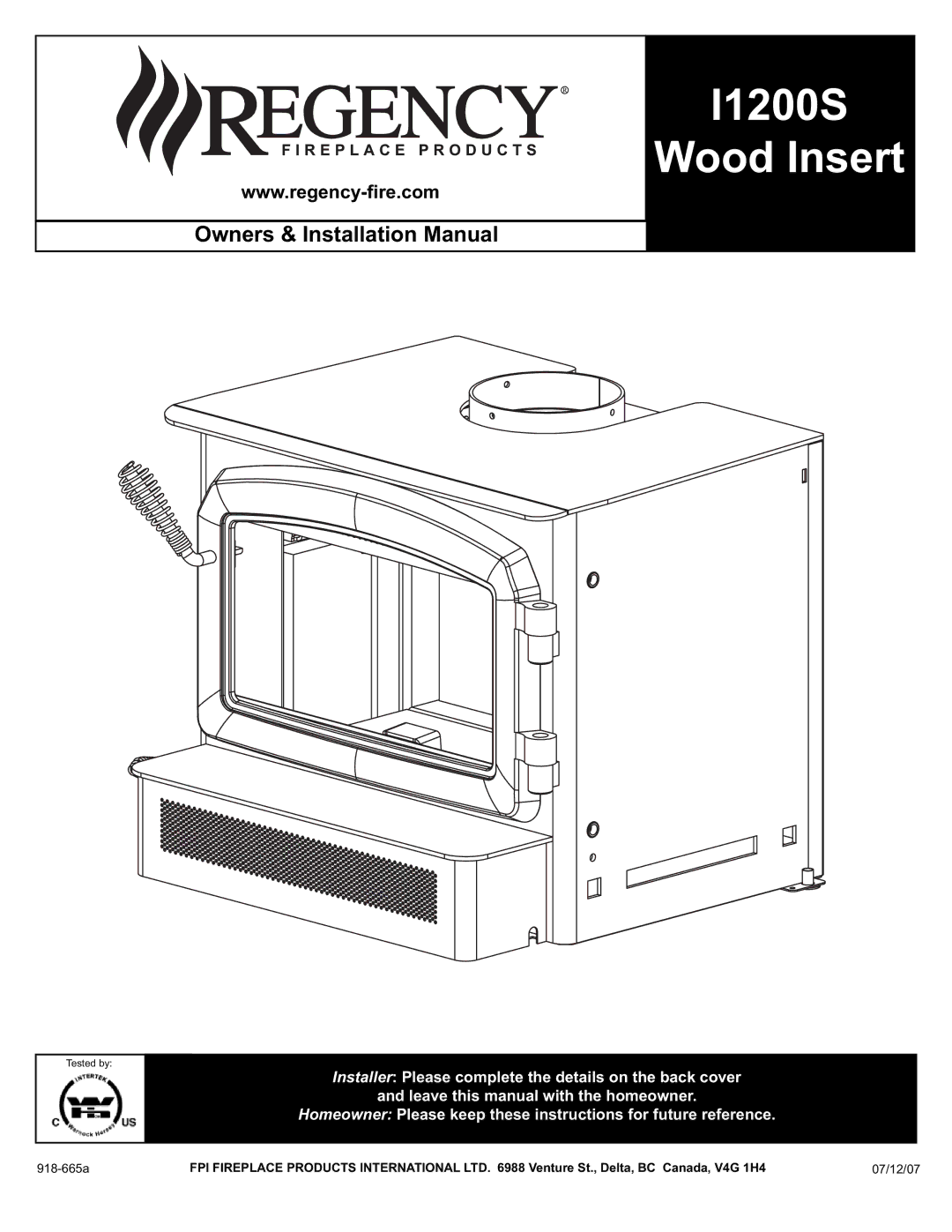 Regency I1200S installation manual Wood Insert, 918-665a 07/12/07 