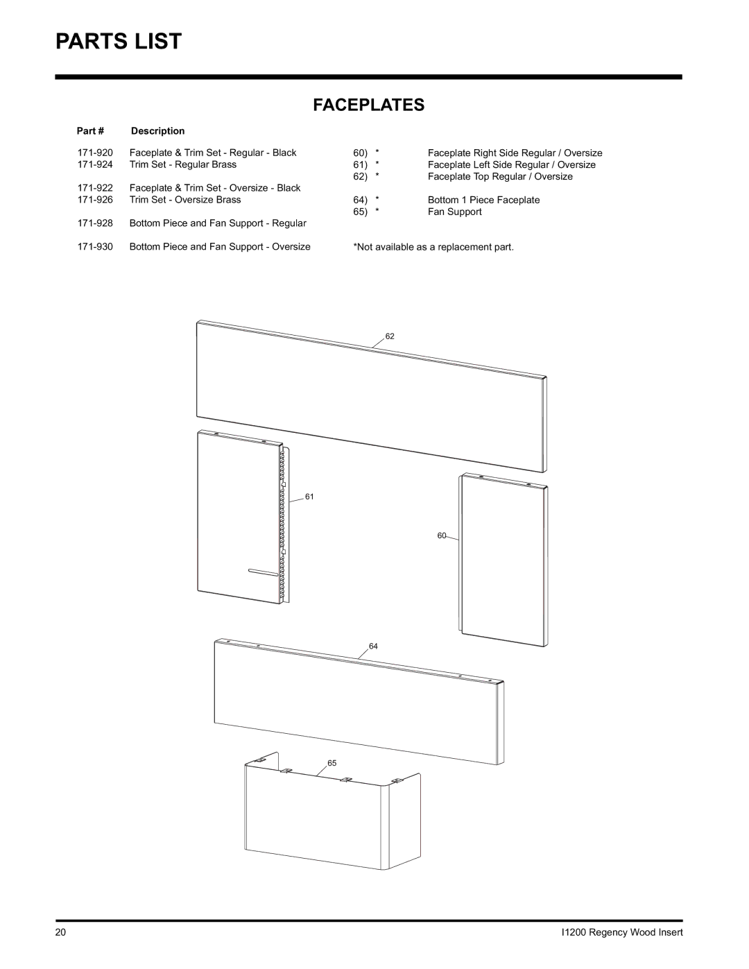 Regency I1200S installation manual Faceplates, Faceplate & Trim Set Regular Black 