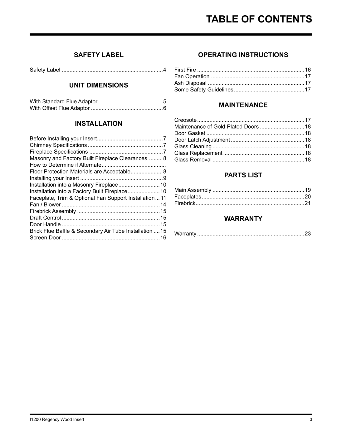 Regency I1200S installation manual Table of Contents 