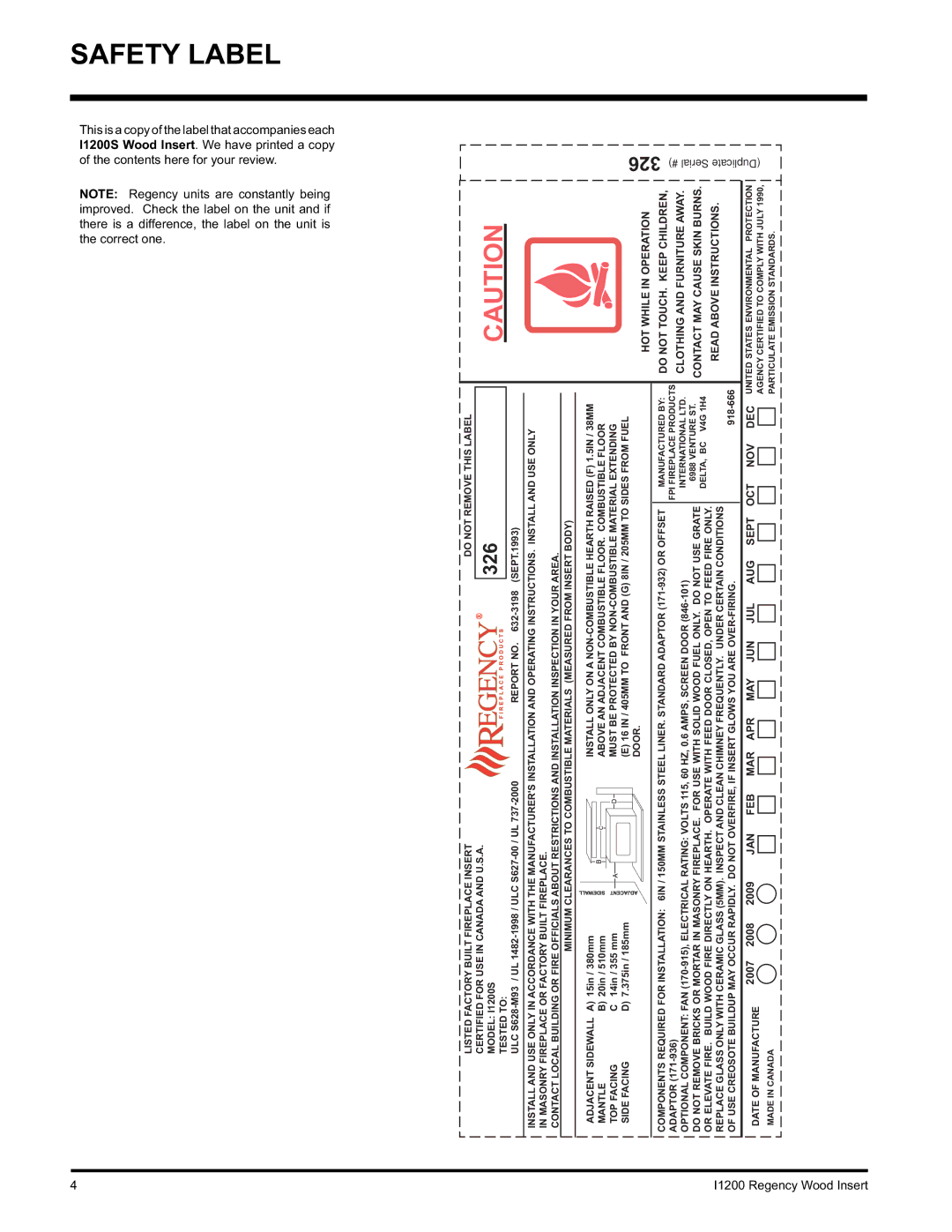 Regency I1200S installation manual Safety Label, Regency Wood Insert 