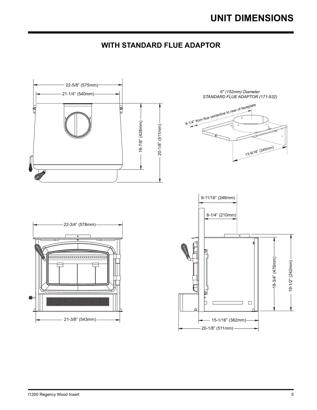 Regency I1200S installation manual Unit Dimensions, With Standard Flue Adaptor 