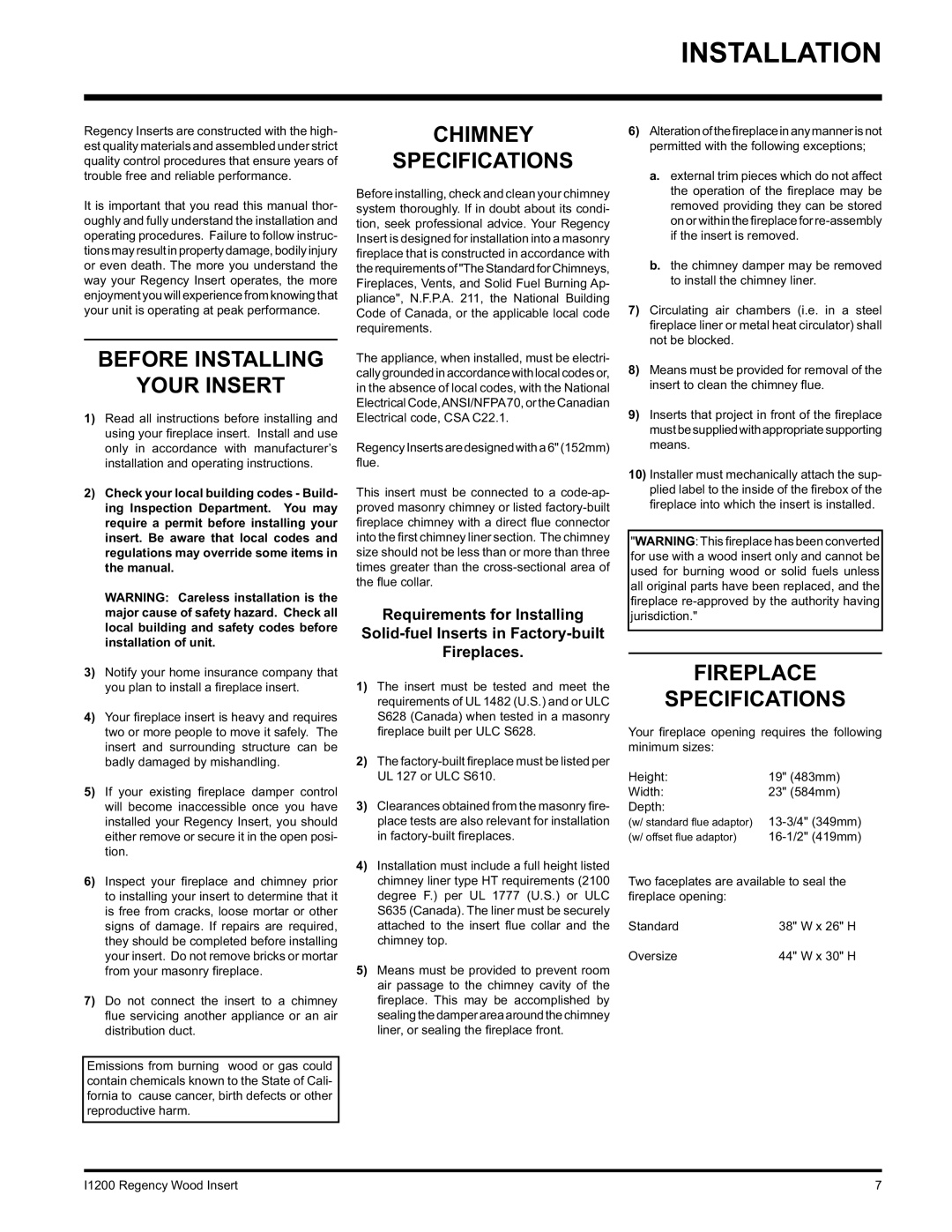 Regency I1200S Installation, Before Installing Your Insert, Chimney Specifications, Fireplace Specifications 
