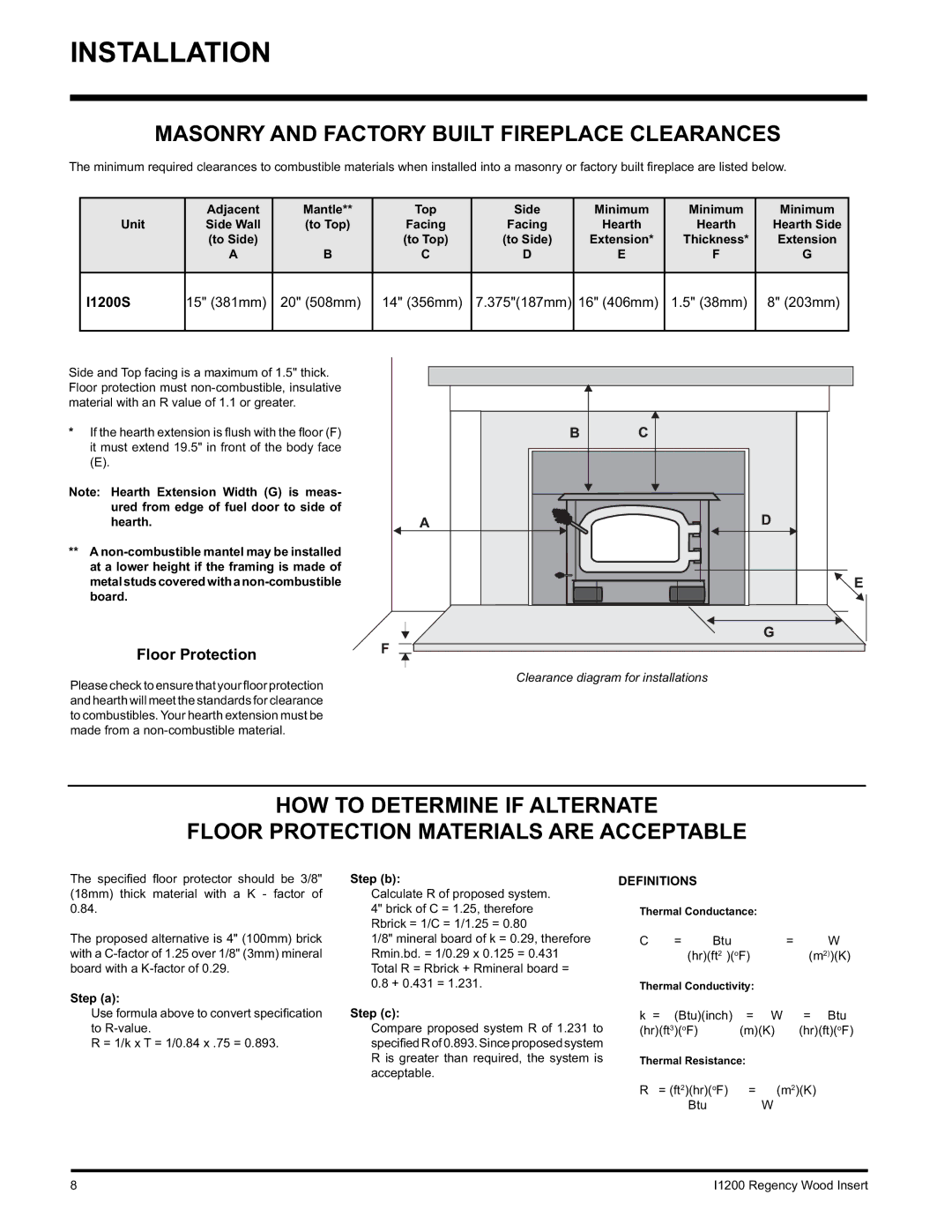 Regency I1200S installation manual Masonry and Factory Built Fireplace Clearances, 203mm, Btu Hrft 2, = Btuinch Hrft 3 