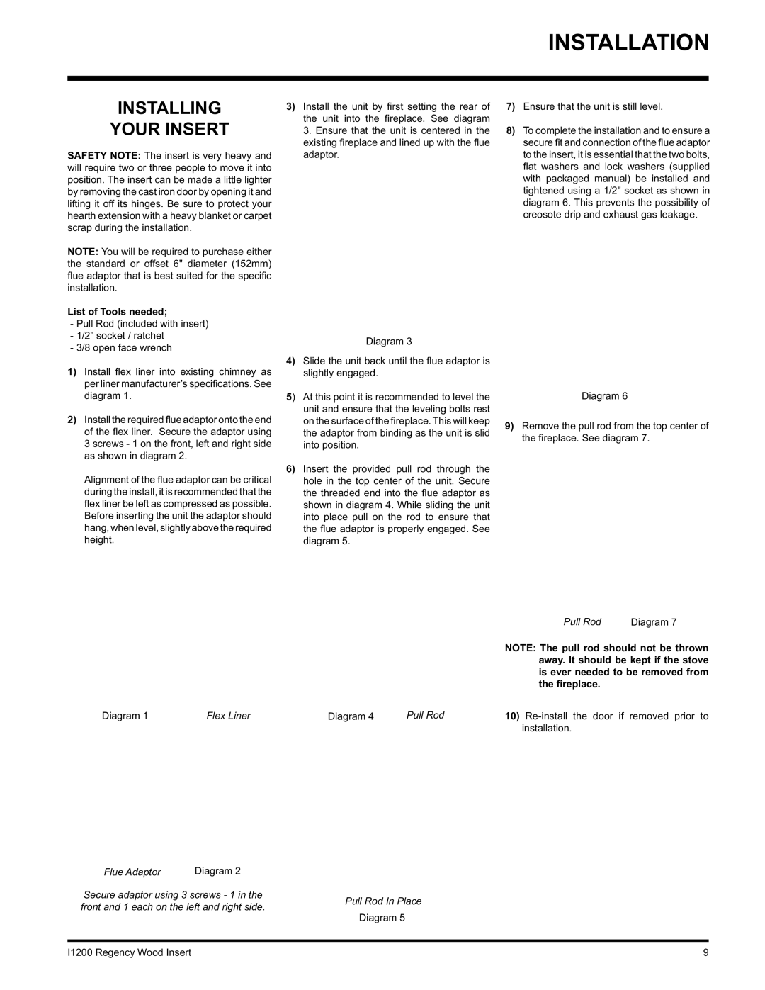 Regency I1200S installation manual Installing Your Insert, Re-install the door if removed prior to, Installation 