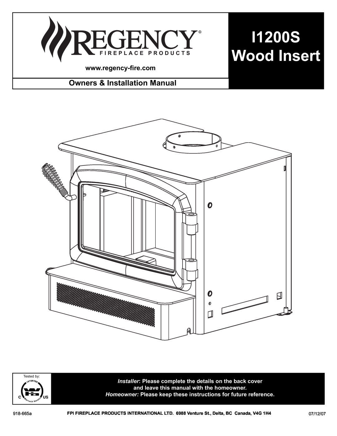 Regency I1200S installation manual Wood Insert, Owners & Installation Manual 