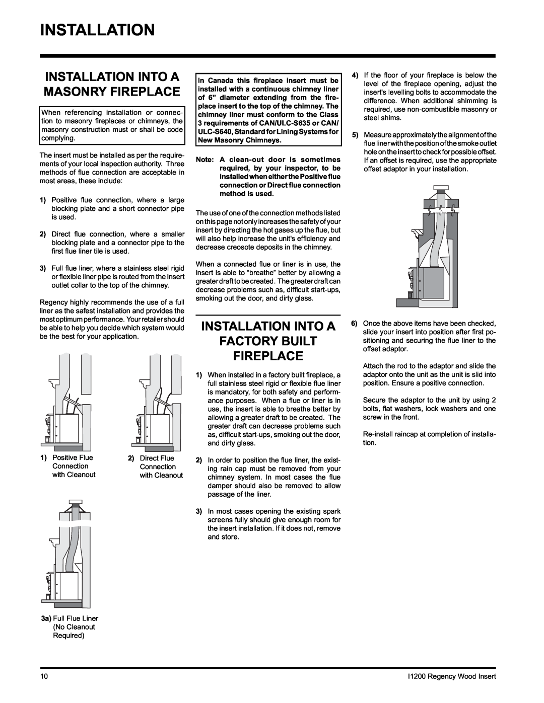Regency I1200S installation manual Installation Into A Factory Built Fireplace, Installation Into A Masonry Fireplace 