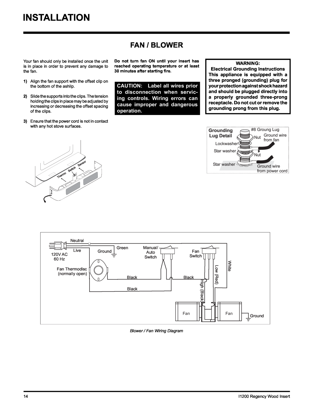 Regency I1200S installation manual Installation, Fan / Blower 