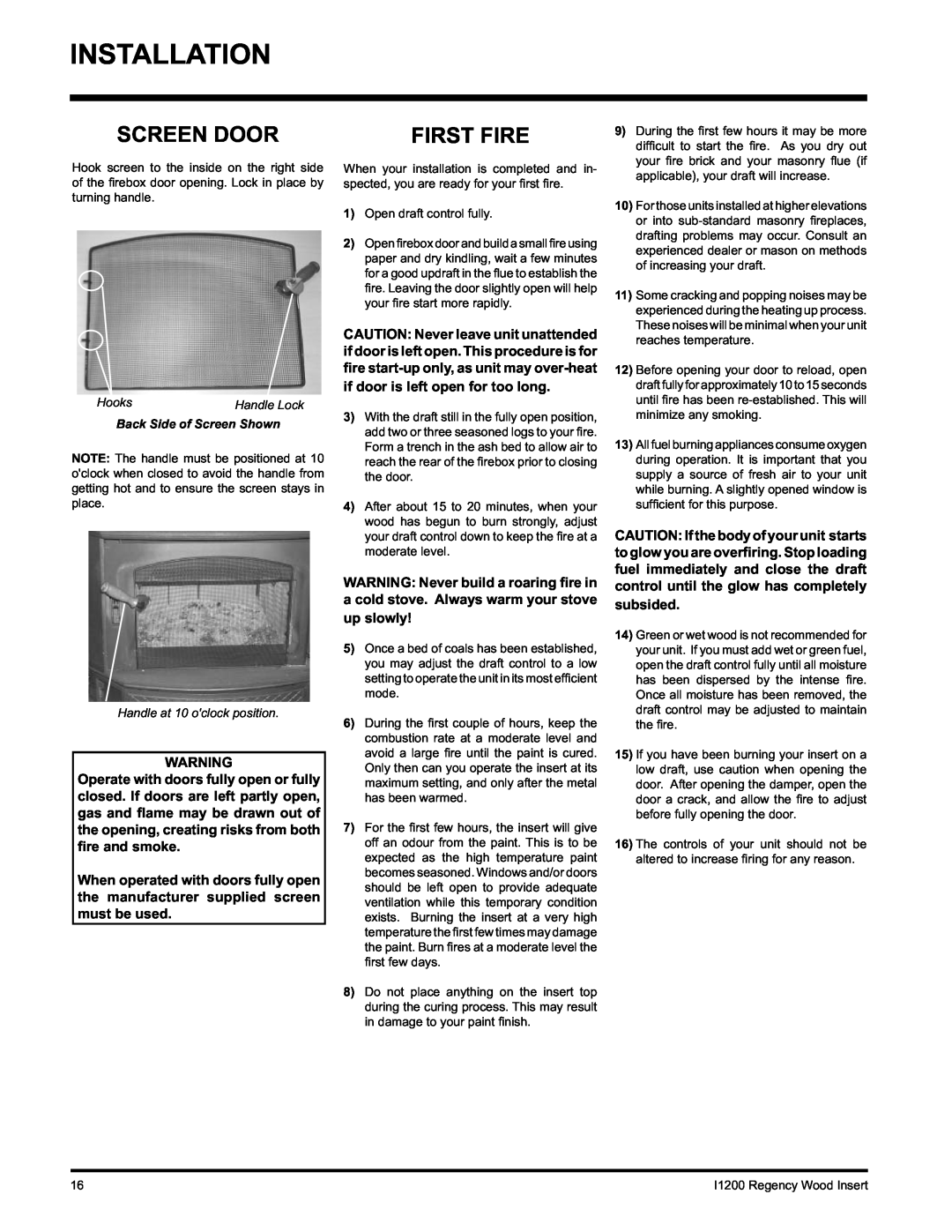 Regency I1200S installation manual Installation, Screen Door, First Fire, Back Side of Screen Shown 