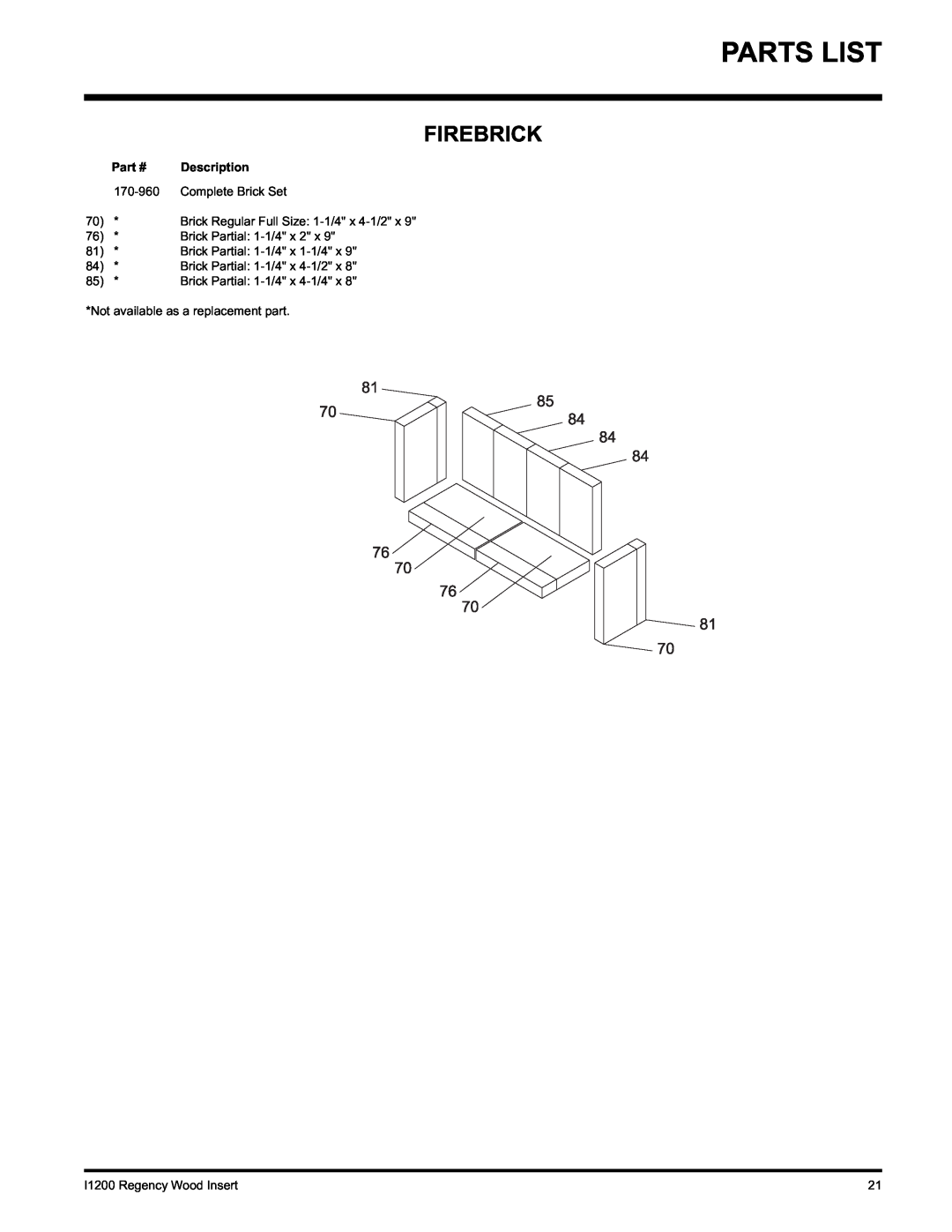 Regency I1200S installation manual Parts List, Firebrick, Description, 170-960, Complete Brick Set, Brick Partial 1-1/4x 