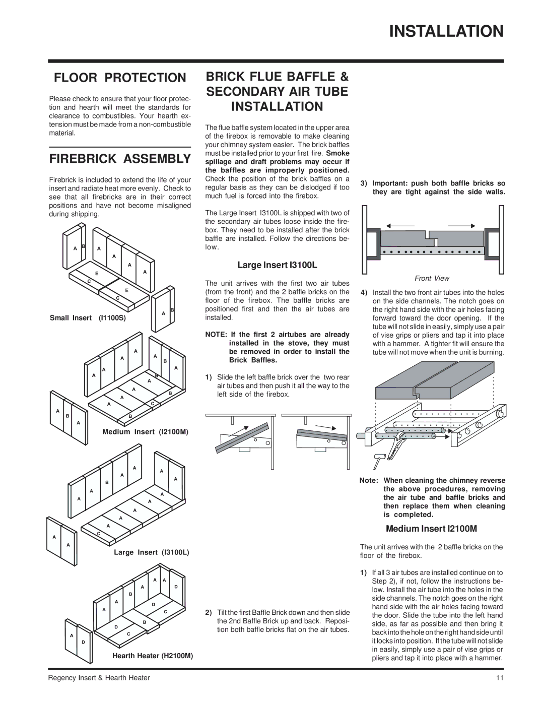 Regency I2100M Floor Protection, Firebrick Assembly, Brick Flue Baffle & Secondary AIR Tube Installation 