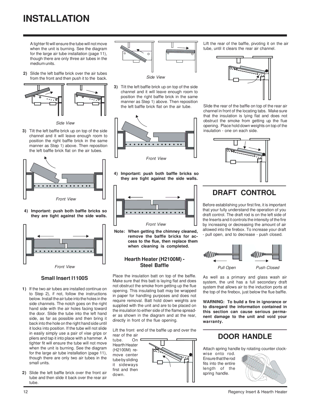 Regency I2100M installation manual Draft Control, Door Handle, Small Insert I1100S, Hearth Heater H2100M Steel Baffle 