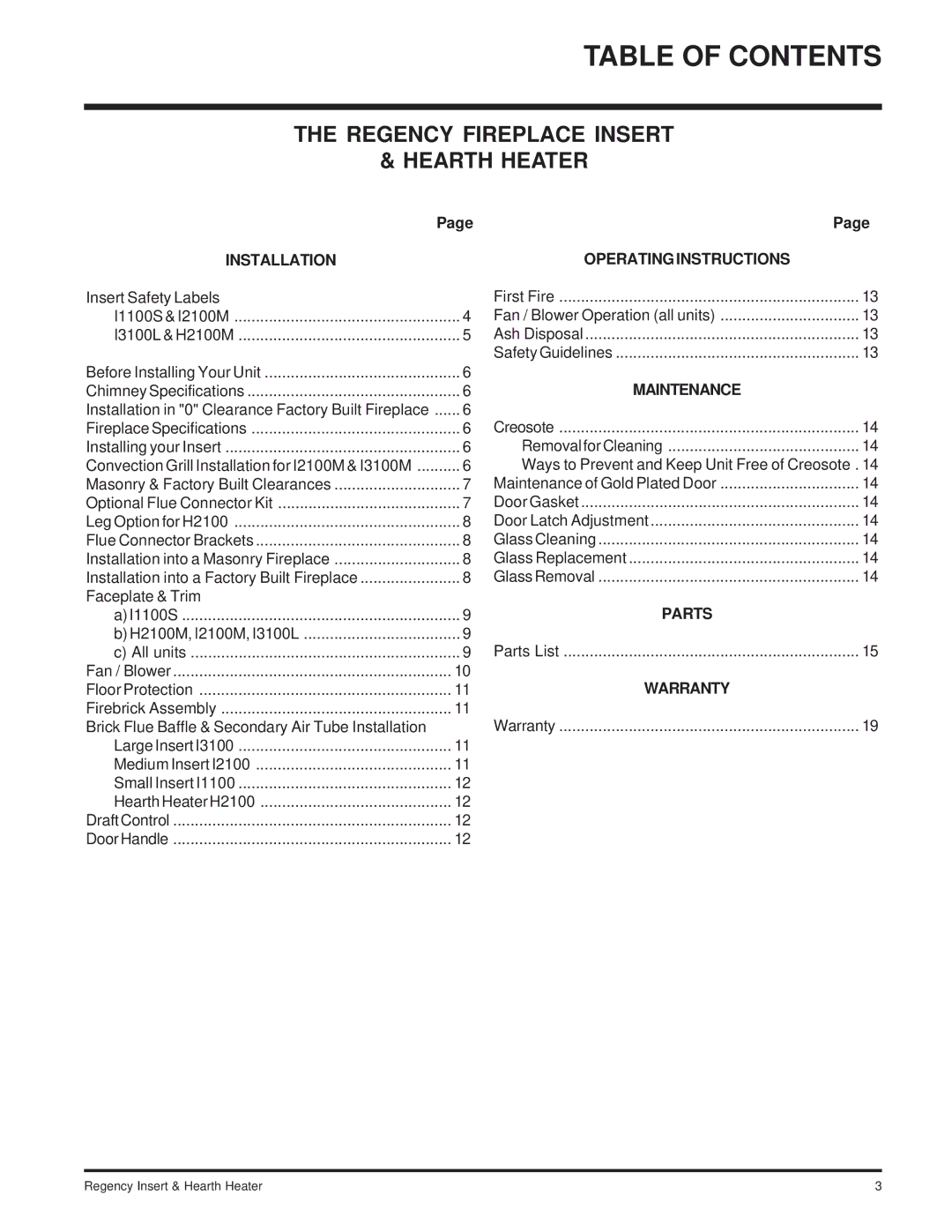 Regency I2100M installation manual Table of Contents 