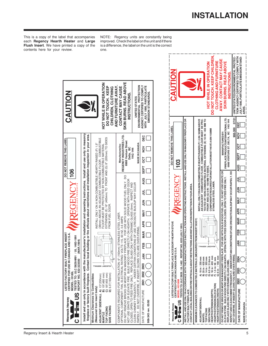 Regency I2100M installation manual 106, Each Regency Hearth Heater and Large 