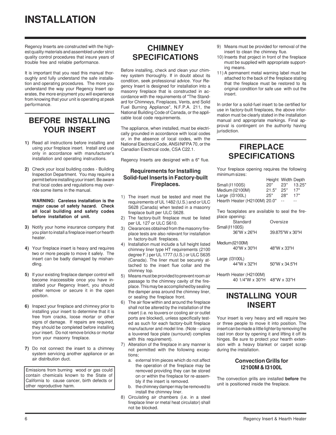 Regency I2100M installation manual Before Installing Your Insert, Chimney Specifications, Fireplace Specifications 