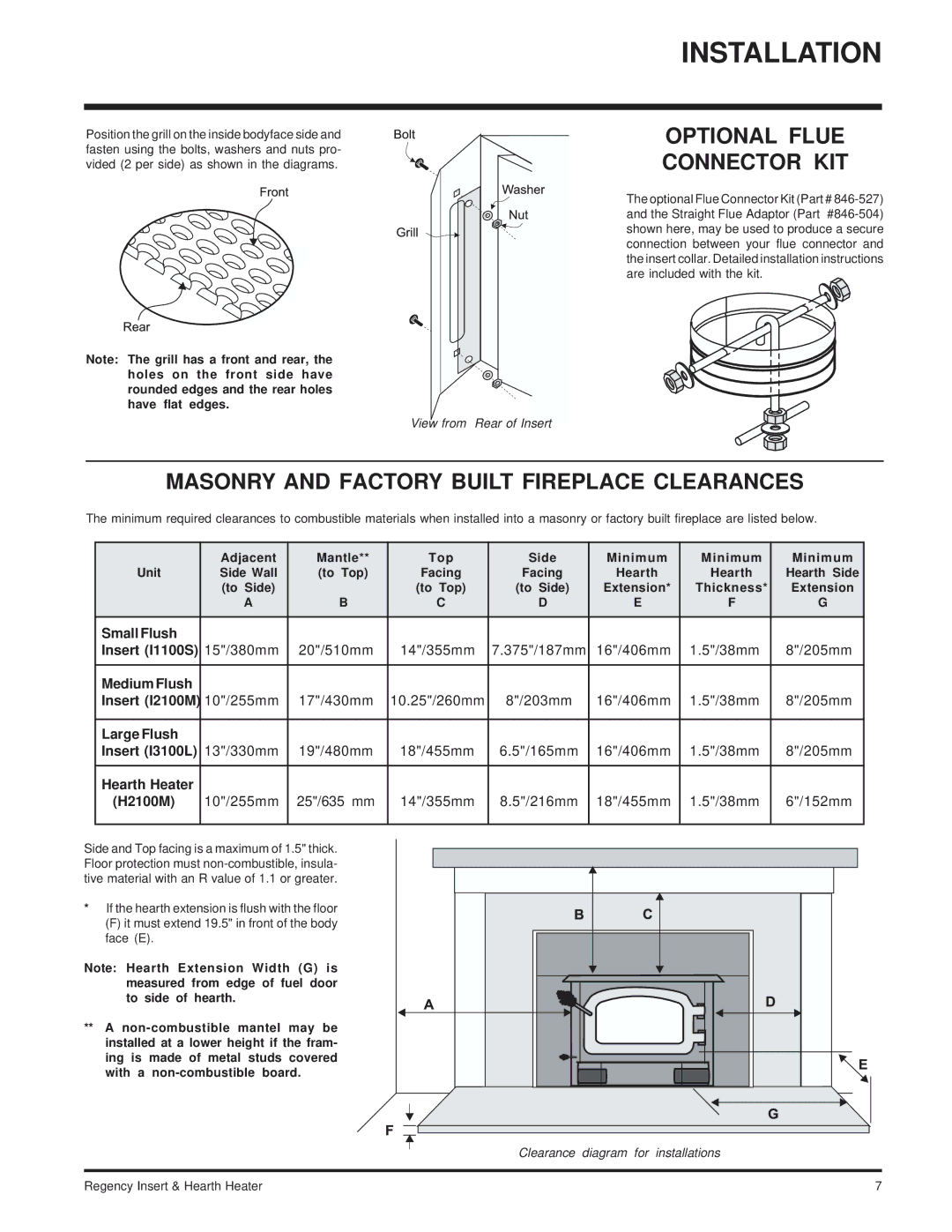 Regency installation manual Optional Flue Connector KIT, Masonry and Factory Built Fireplace Clearances, Insert I2100M 