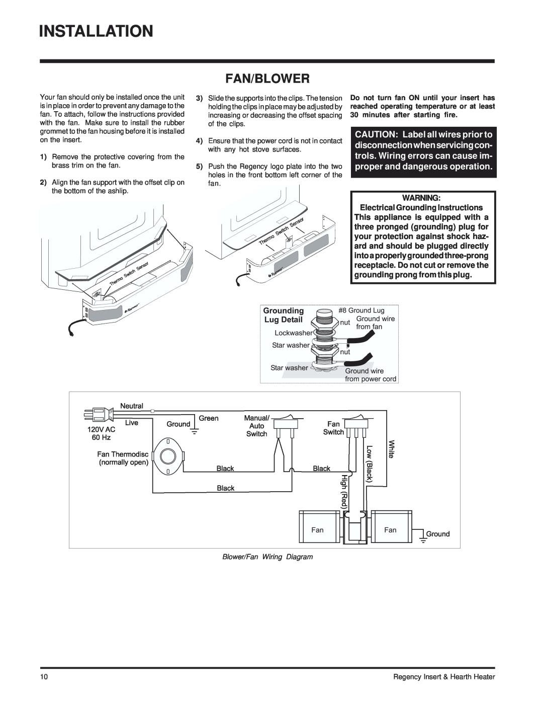 Regency I2100M installation manual Installation, Fan/Blower, Blower/Fan Wiring Diagram 
