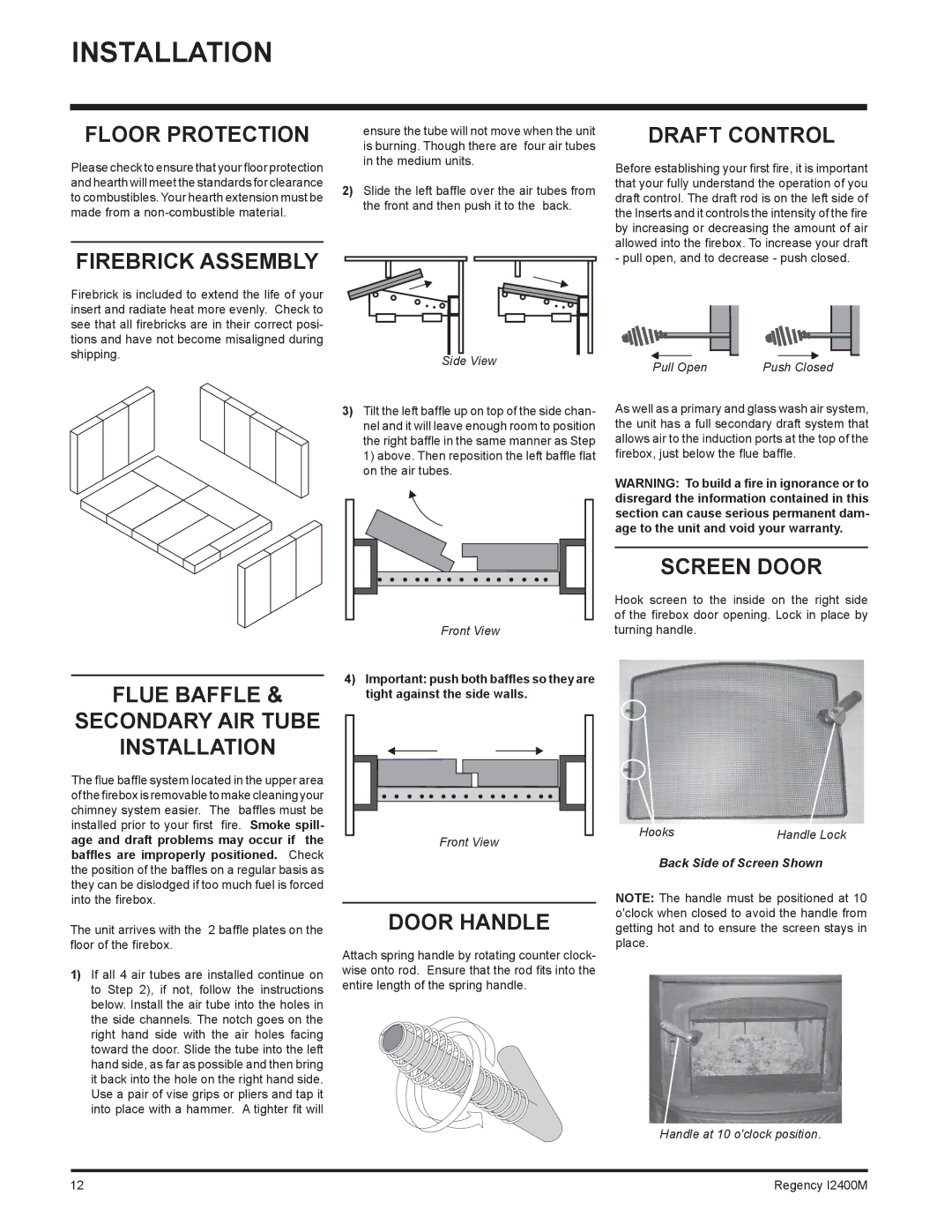 Regency I2400M installation manual Floor Protection, Firebrick Assembly, Draft Control, Screen Door, Door Handle 