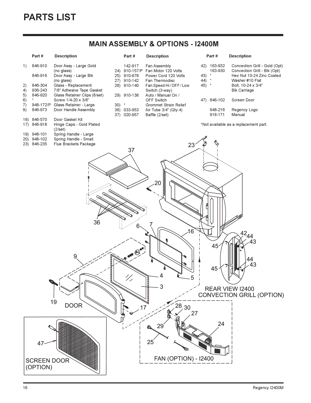 Regency installation manual Parts List, Main Assembly & Options I2400M 