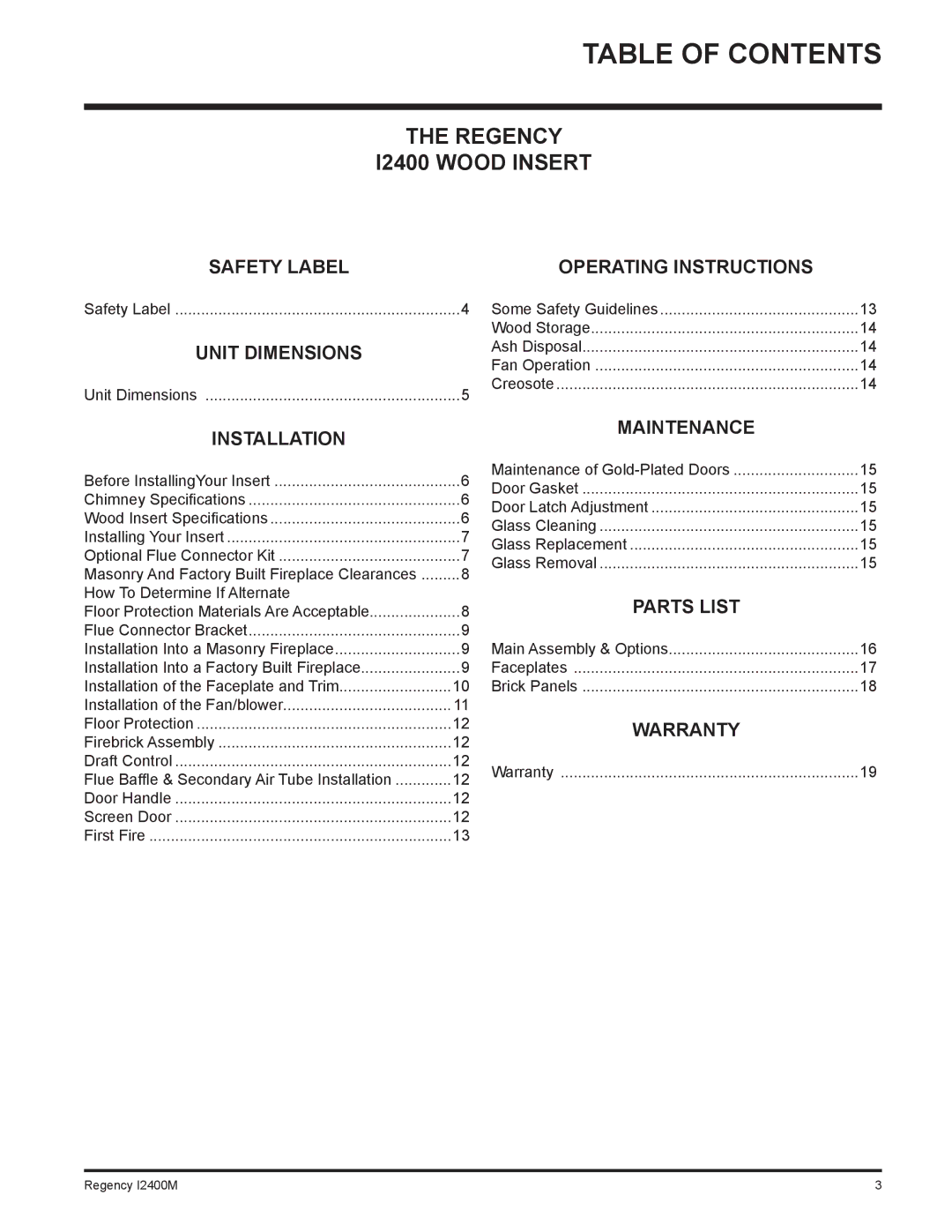 Regency I2400M installation manual Table of Contents 