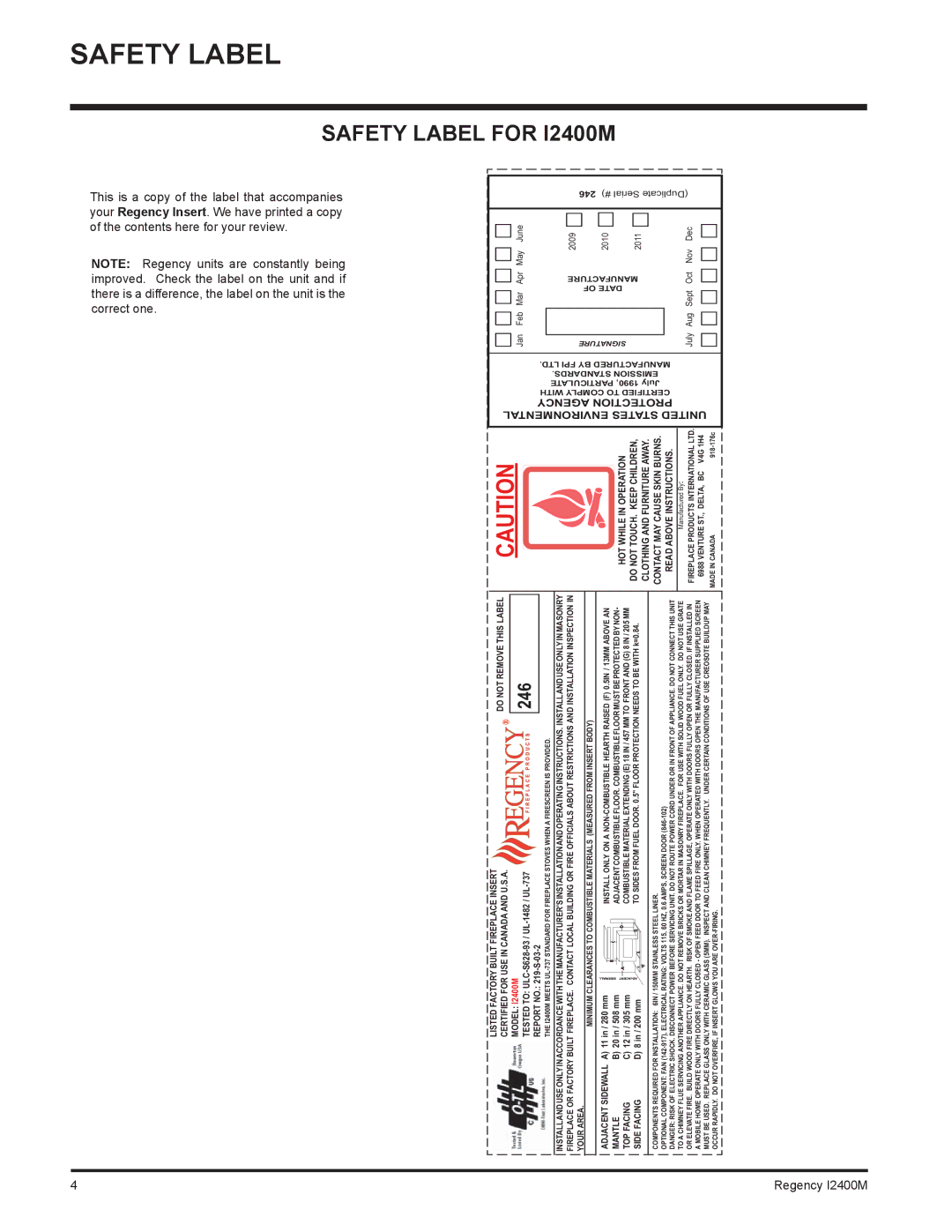 Regency I2400M installation manual Safety Label, 246 