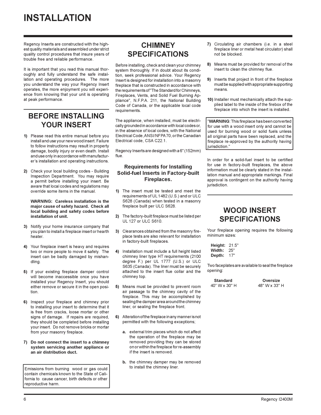 Regency I2400M Installation, Before Installing Your Insert, Chimney Specifications, Wood Insert Specifications 