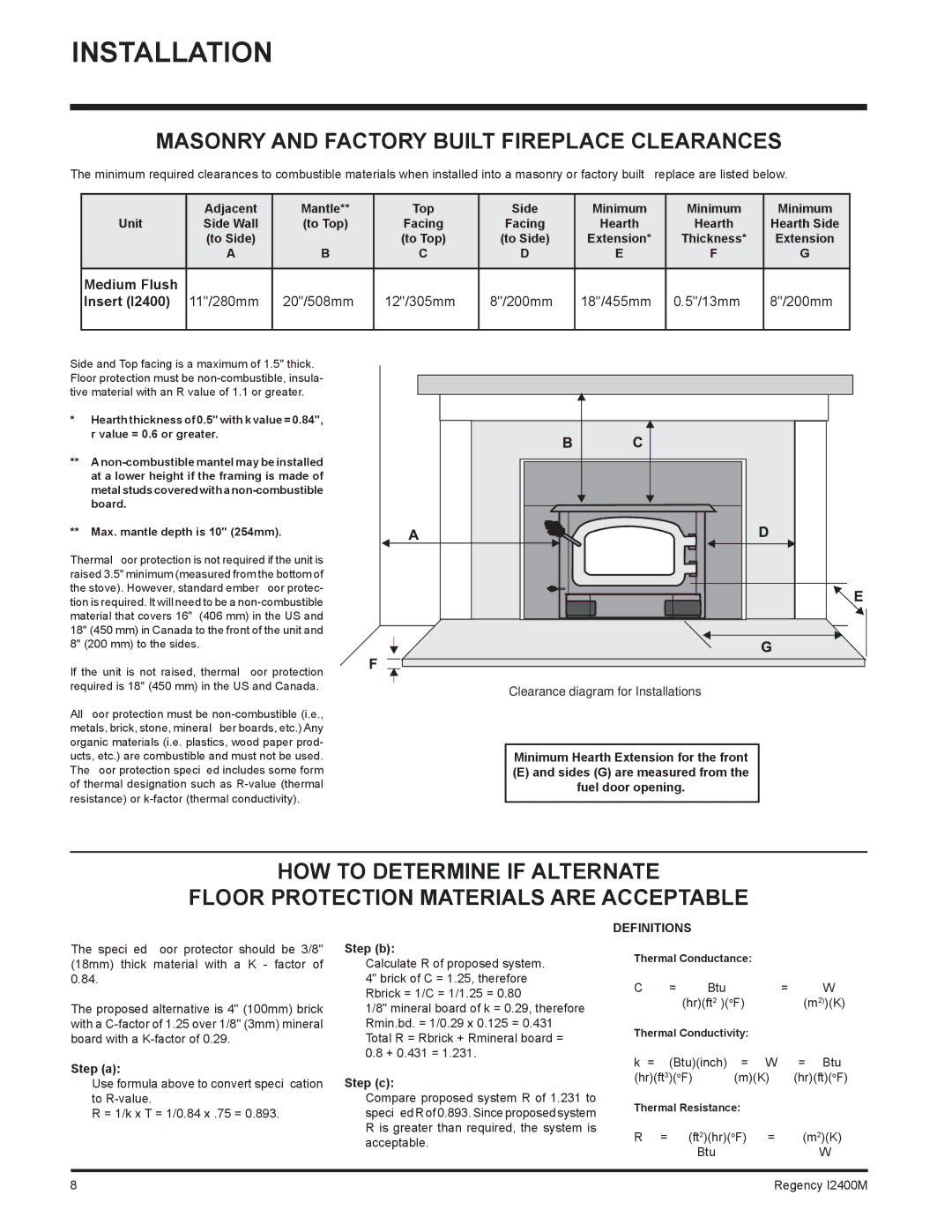 Regency I2400M installation manual Masonry and Factory Built Fireplace Clearances, Step b 