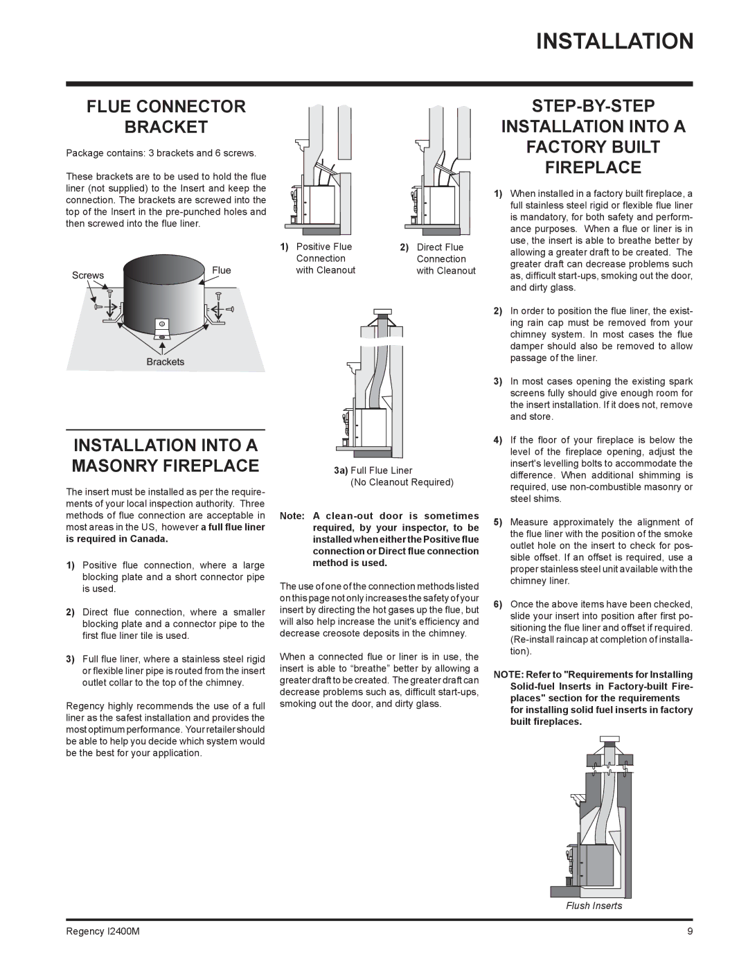 Regency I2400M installation manual Flue Connector Bracket, STEP-BY-STEP Installation Into a Factory Built Fireplace 