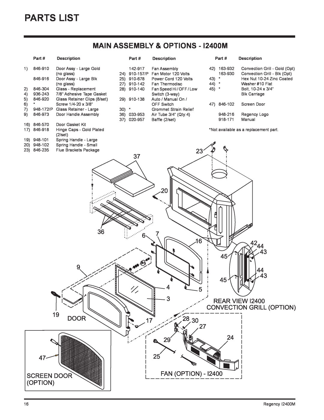 Regency installation manual Parts List, MAIN ASSEMBLY & OPTIONS - I2400M 