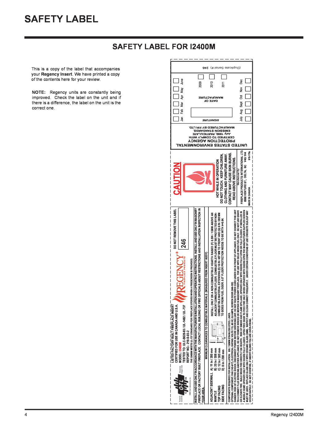 Regency Safety Label, FOR I2400M, United States Environmental, 2009, 2010, 2011, Sept, Duplicate Serial # 