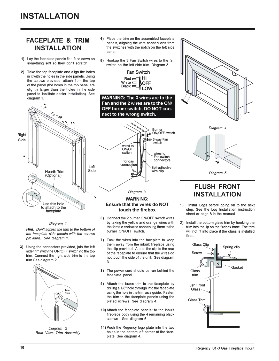 Regency I31-NG3, I31-LPG3 Faceplate & Trim Installation, Flush Front Installation, Diagram Rear View Trim Assembly 