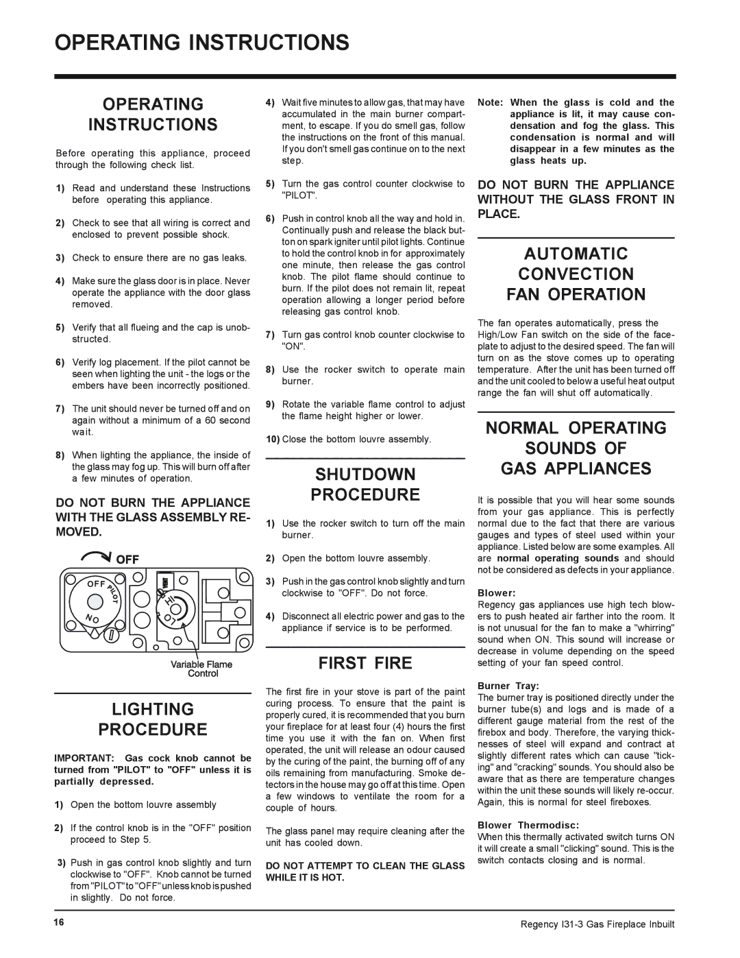 Regency I31-NG3, I31-LPG3 installation manual Operating Instructions 