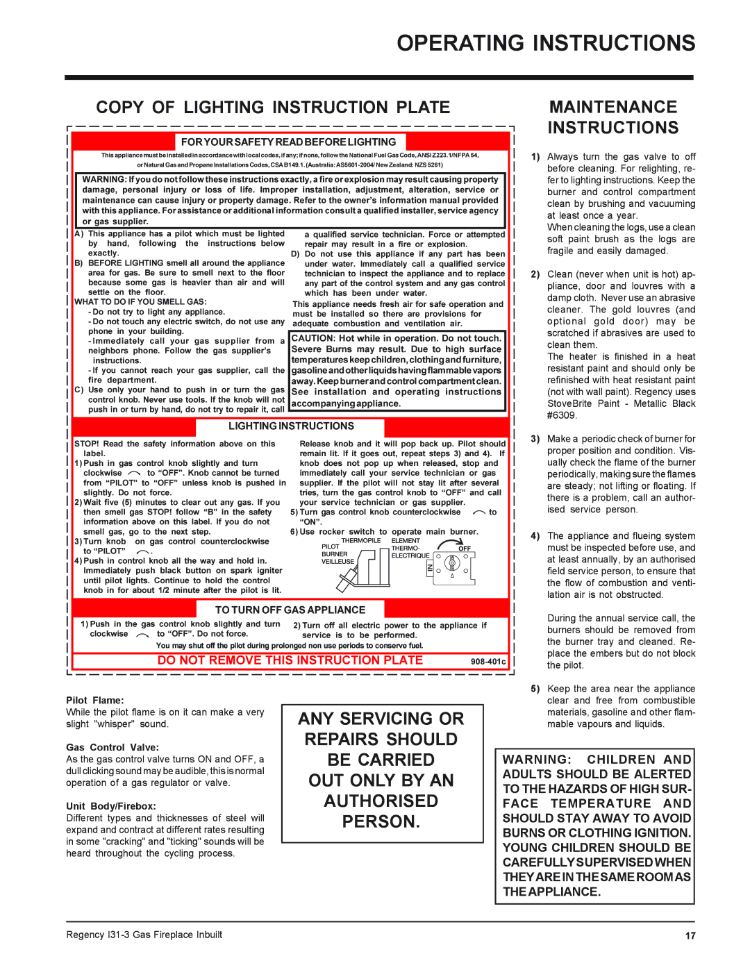 Regency I31-LPG3, I31-NG3 Copy of Lighting Instruction Plate, Maintenance Instructions, Pilot Flame, Gas Control Valve 