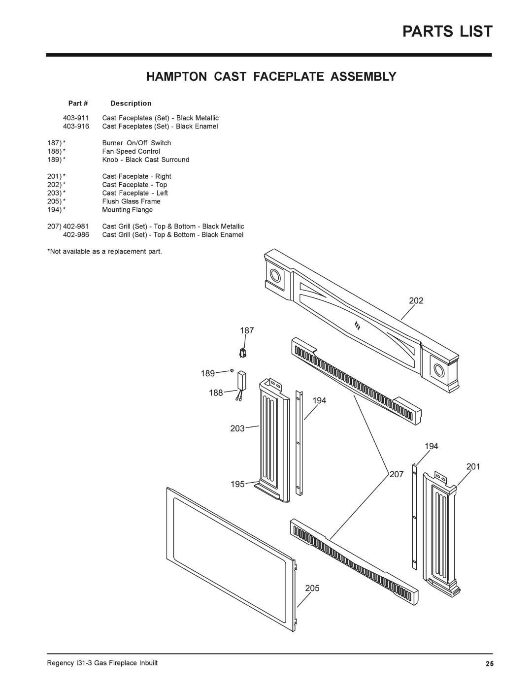 Regency I31-LPG3, I31-NG3 installation manual Hampton Cast Faceplate Assembly 