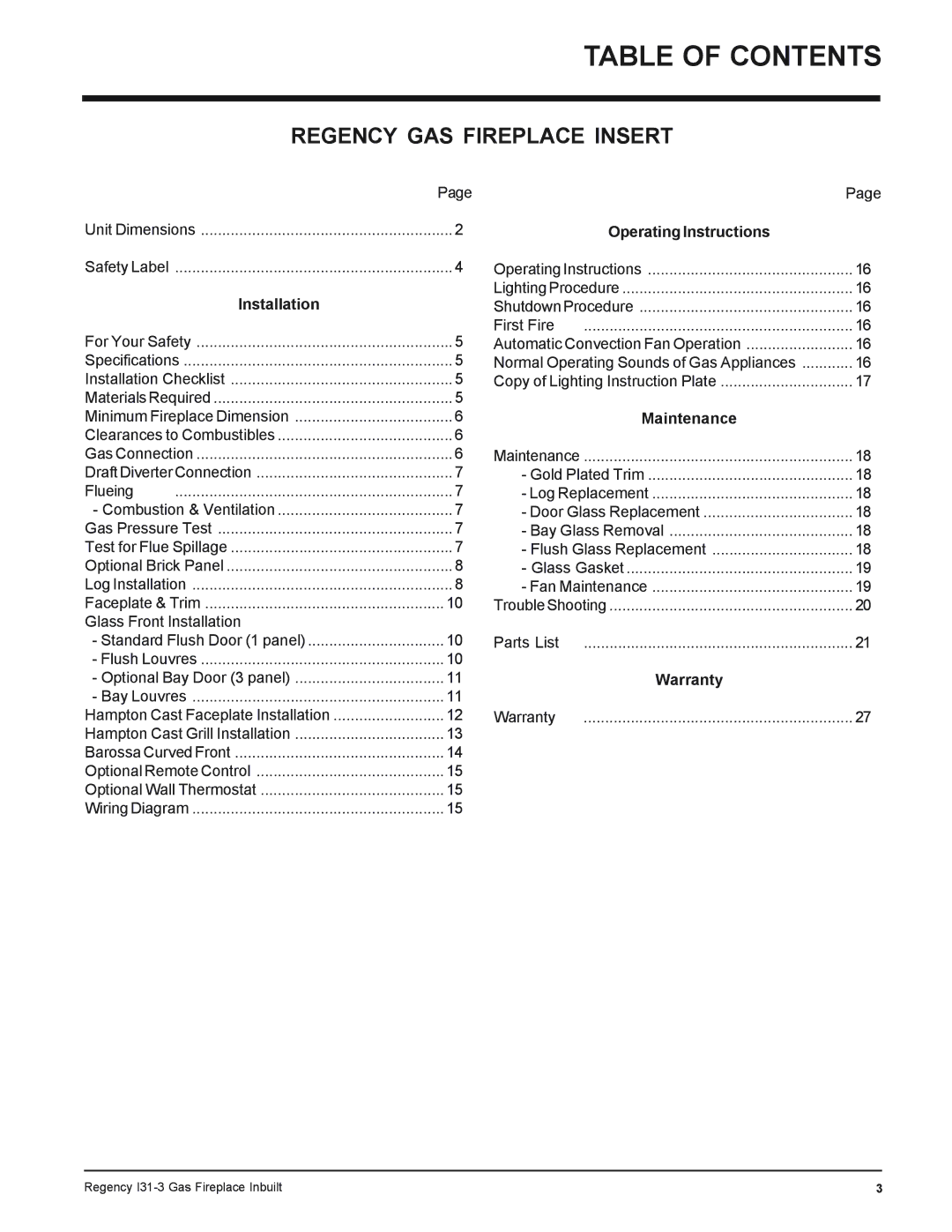 Regency I31-LPG3, I31-NG3 installation manual Table of Contents 