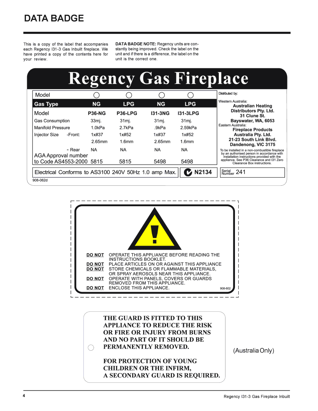 Regency I31-NG3, I31-LPG3 installation manual Data Badge 