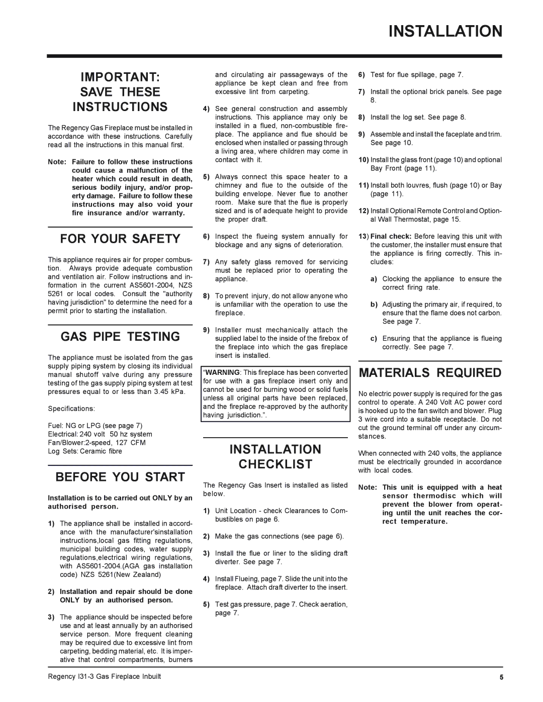 Regency I31-LPG3, I31-NG3 installation manual Installation 