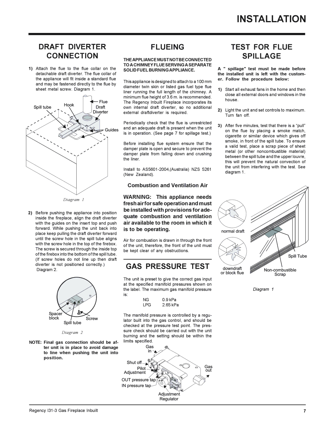 Regency I31-LPG3, I31-NG3 Draft Diverter Connection, Flueing, GAS Pressure Test, Test for Flue Spillage, Diagram 